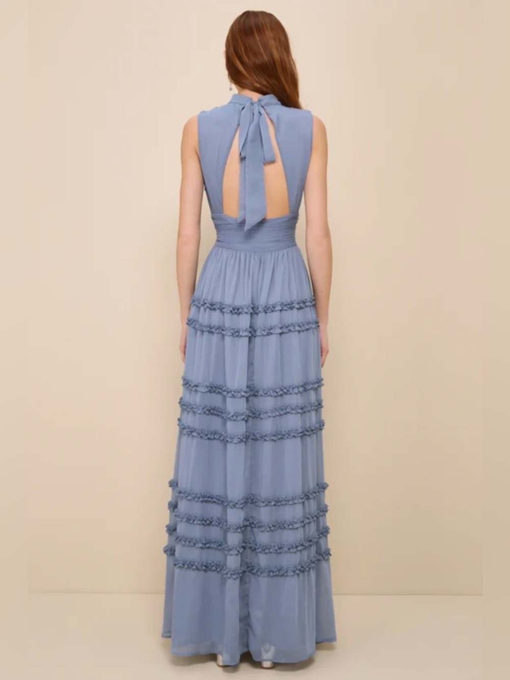 NWT Lulu's Enchantingly Sweet Slate Blue Chiffon Backless Maxi - M - Picture 4 of 16